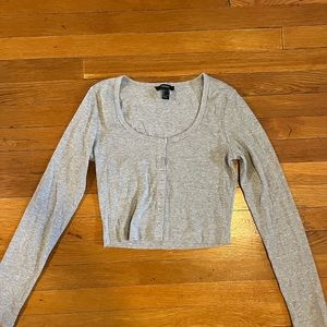 Grey gray basic cotton snap crop long sleeve top shirt ribbed tee Forever 21